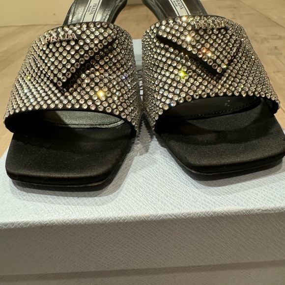 Prada - Satin Crystal Logo 65 mm Slide Sandal- Color: Black- Size: 37.5 - Picture 6 of 11